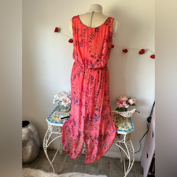 Italy 🇮🇹 Silk Pink Floral Vibrant Orange and Pink Tiered Maxi Sundress S M L - Picture 3 of 11